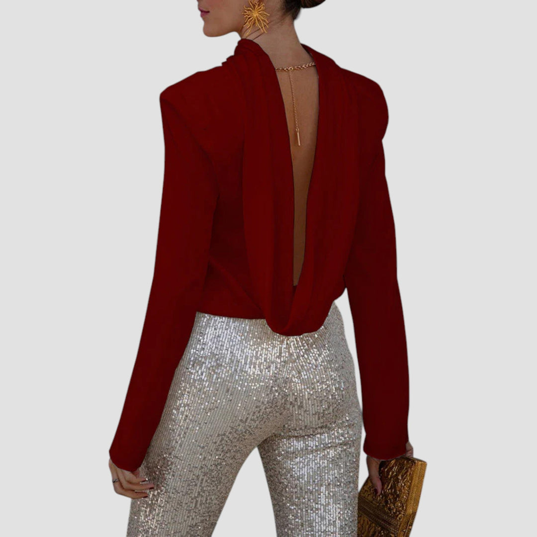 Ffion - Backless Cowl Neck Long Sleeve Blouse