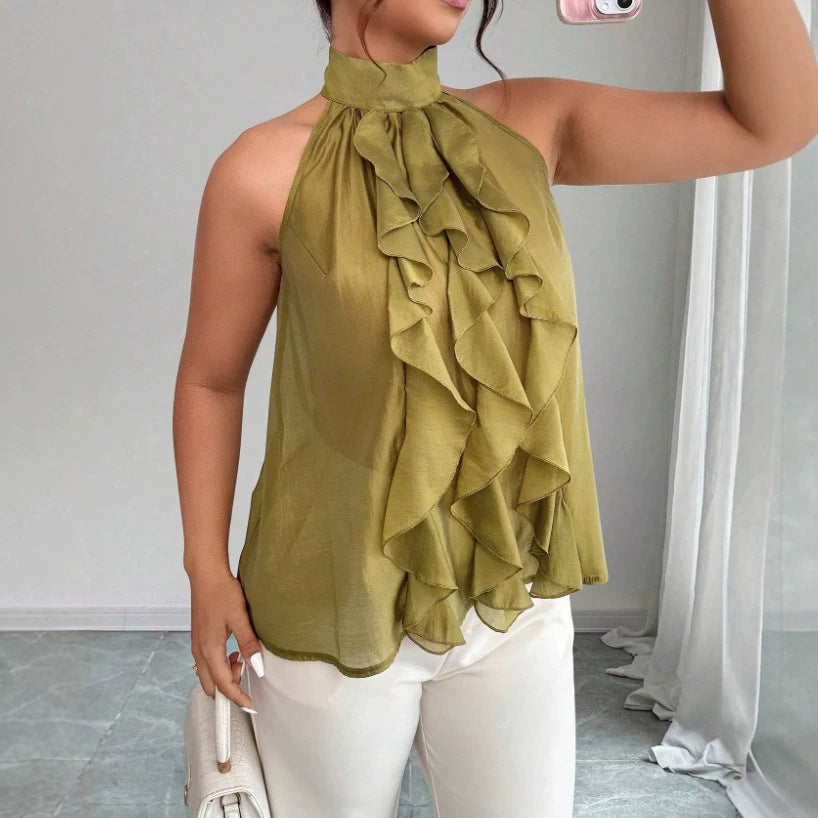 Plus Size Women's Halter Neck Top with Ruffled Hem