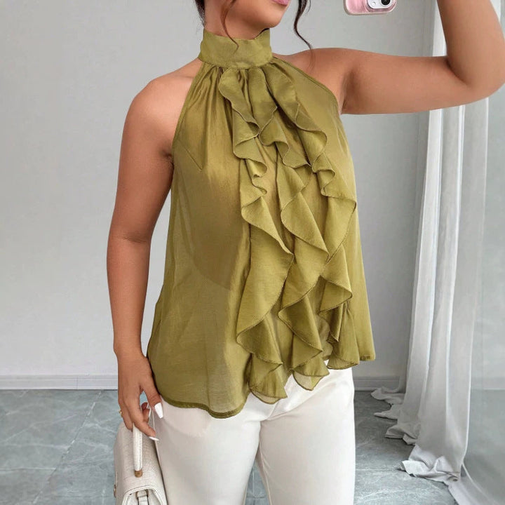 Plus Size Women's Halter Neck Top with Ruffled Hem