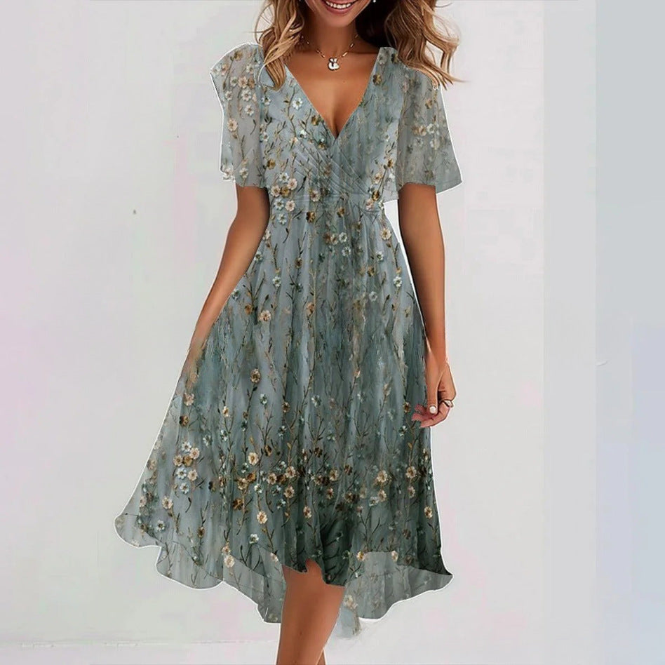 Women's Midi Floral Wrap Dress – A-Line Style with Short Sleeves