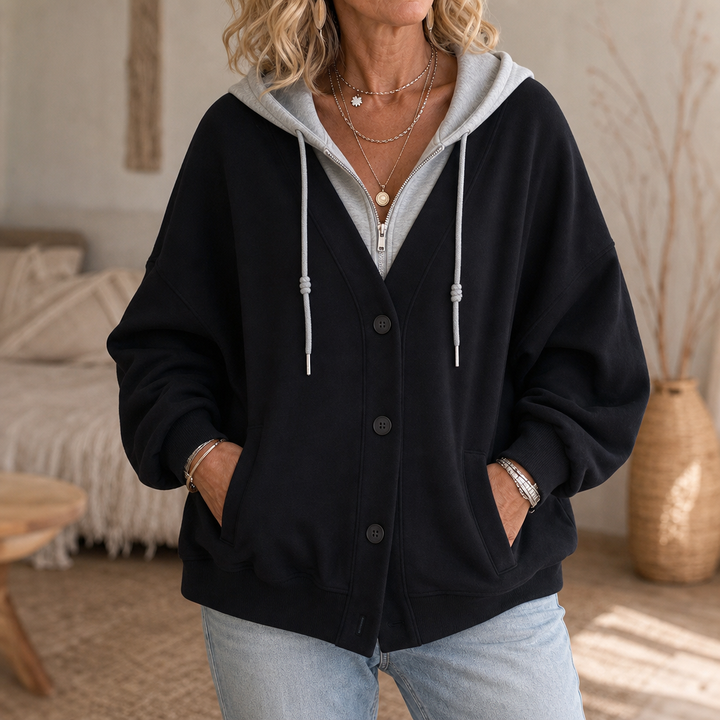 Amelia Comfortable V-Neck Hoodie in Layered Look, view 5 - Elena Harper