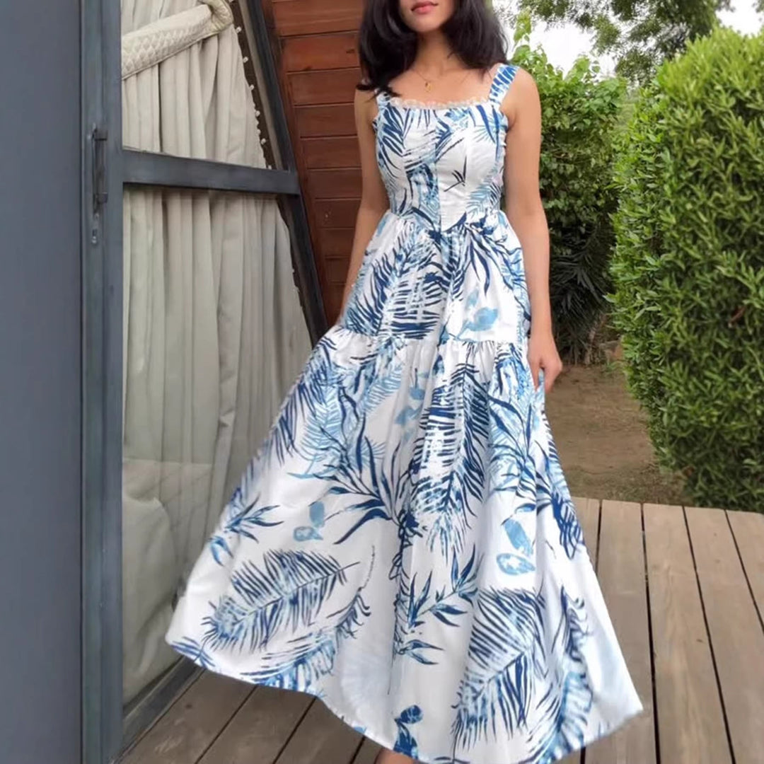 Women's Summer Long Dress with All-Over Print and Thin Straps