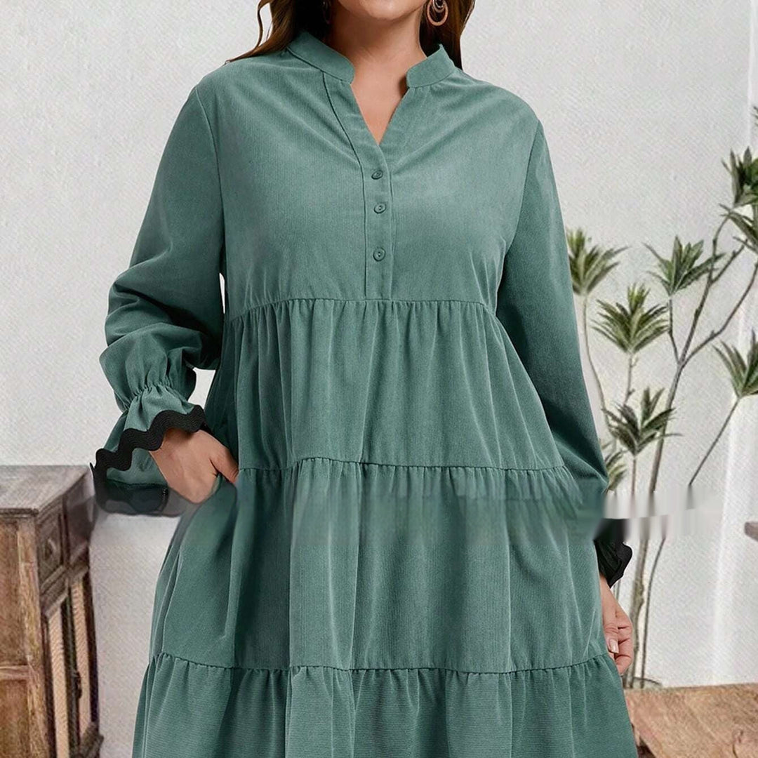 Women's Loose Midi Dress with V-Neck and Long Sleeves