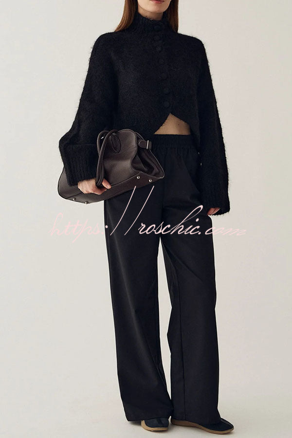 Martina Solid Color Knit High Neck Button Long Sleeve Wave Hem Crop Cardigan