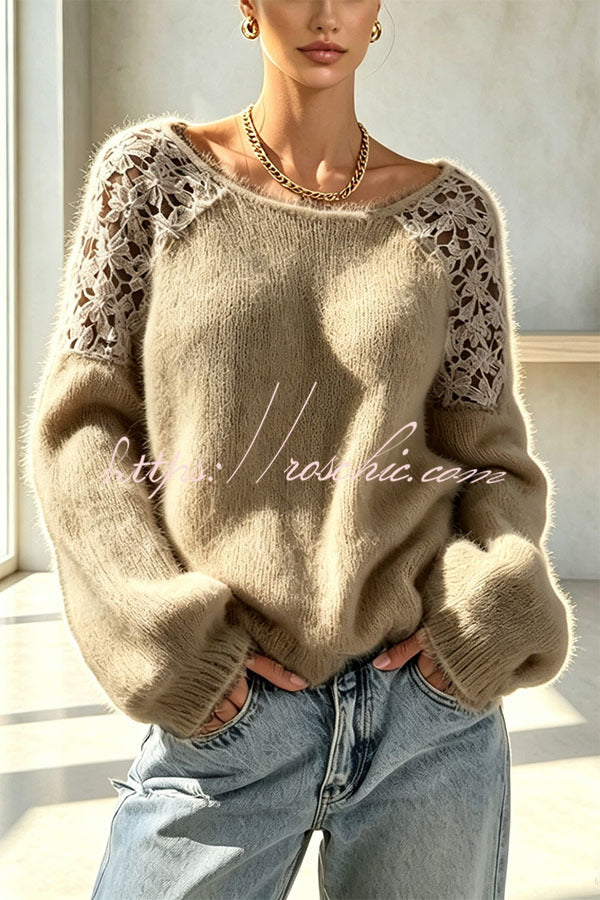 Faux Mink Knit Crochet Flowers Shoulder Wide Neck Long Sleeve Loose Sweater, view 5 - Elena Harper