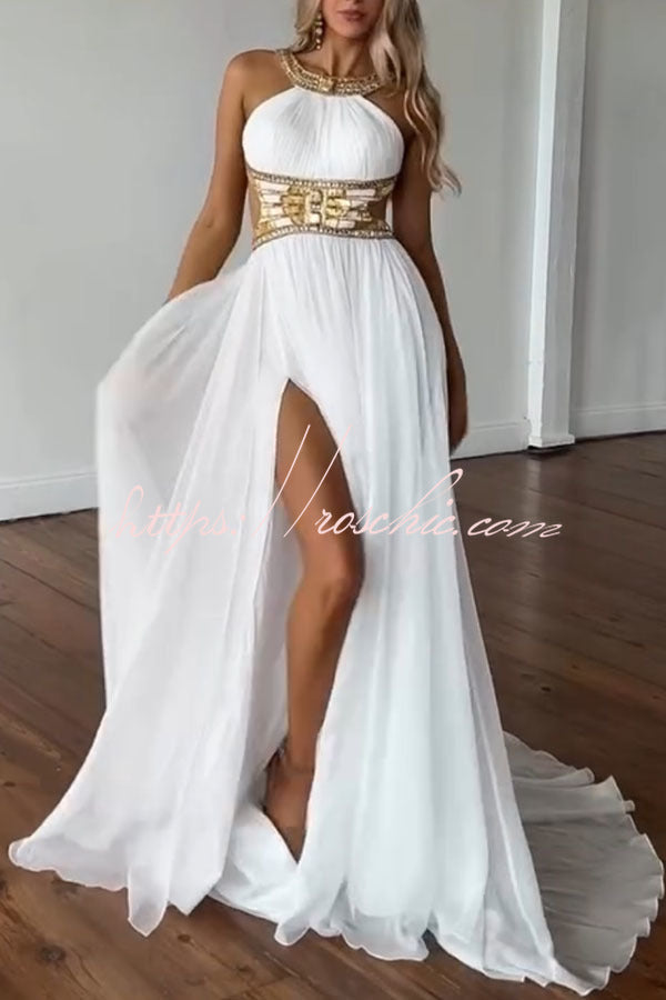 Egyptian Princess Tulle Metal and Gemstone Ornament Cutout Halter Backless Maxi Dress