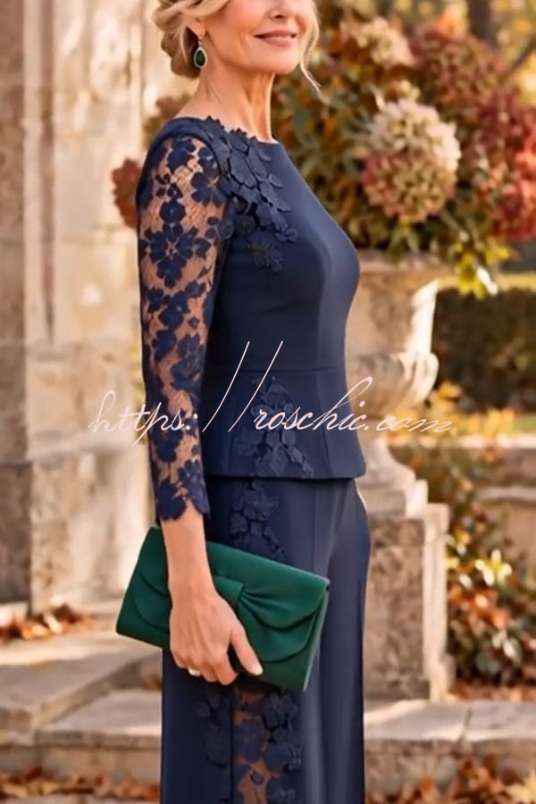 Embroidered Floral Lace Patchwork Flare Hem Top and Elastic Waist Pocket Wide Leg Pants Set