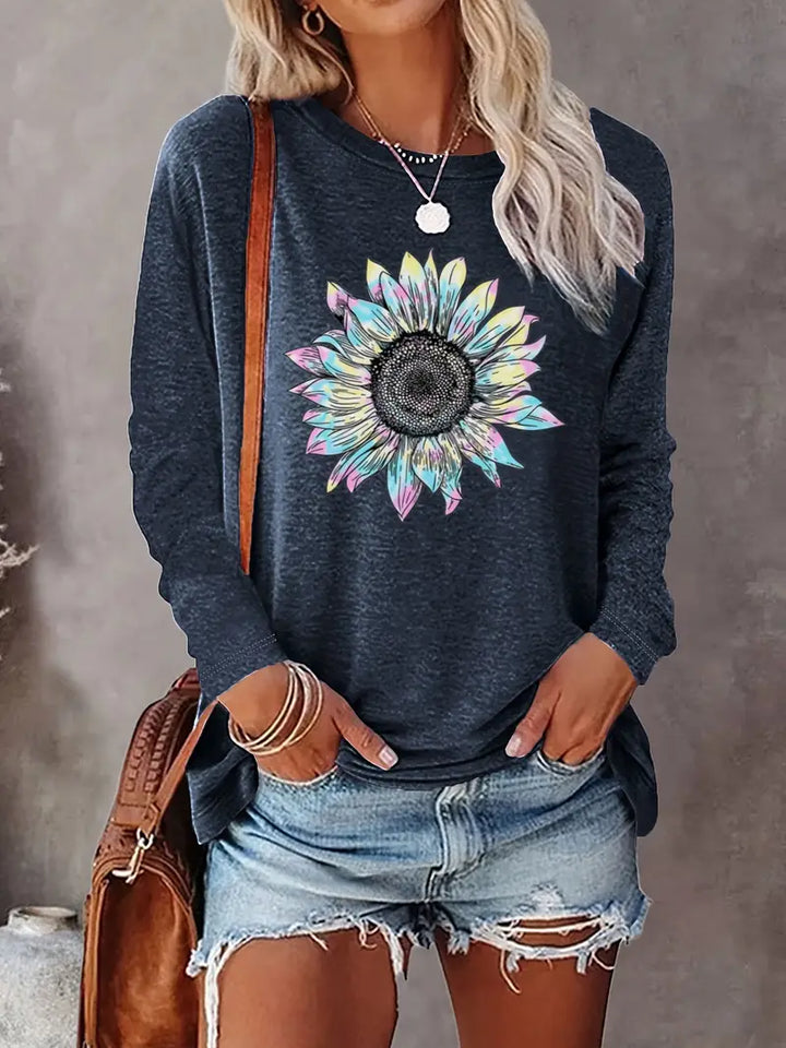 Levine Elegant Long Sleeve Tunic Top with Sunflower Prints, view 2 - Elena Harper