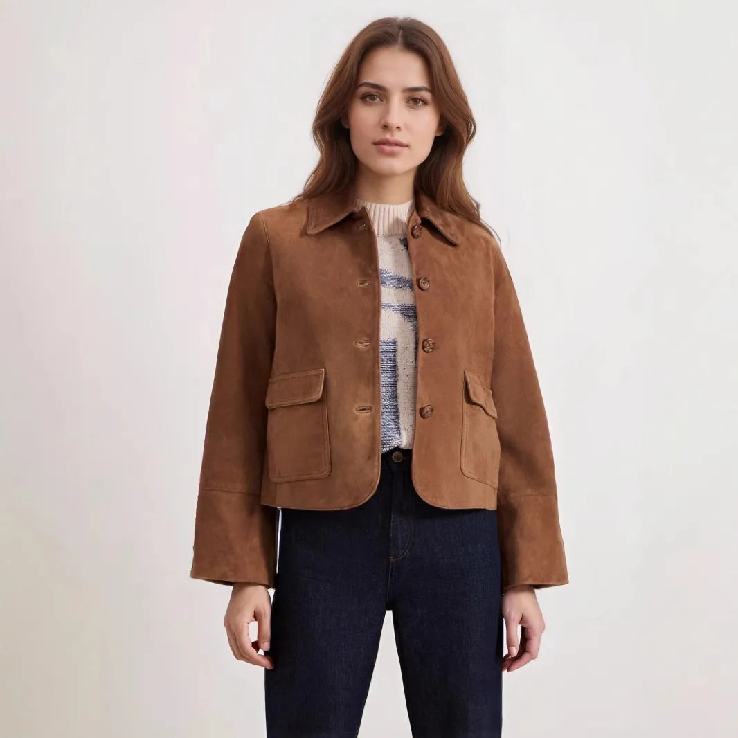 Short Suede Jacket with Front Pockets for Women - Alenor