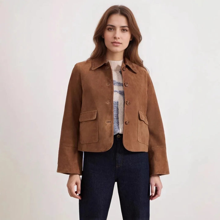 Short Suede Jacket with Front Pockets for Women - Alenor