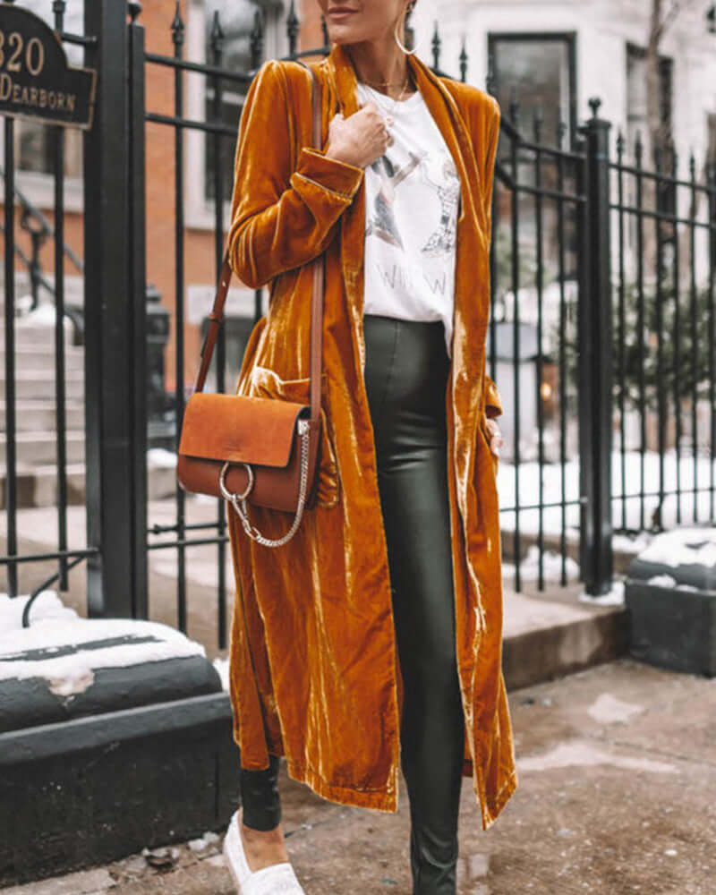 Women's Long Velvet Duster Cardigan, view 6 - Elena Harper