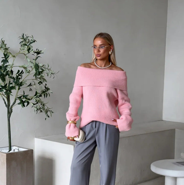 Women's Sweater with Lapel Collar and Bare Shoulders - Chic and Comfortable