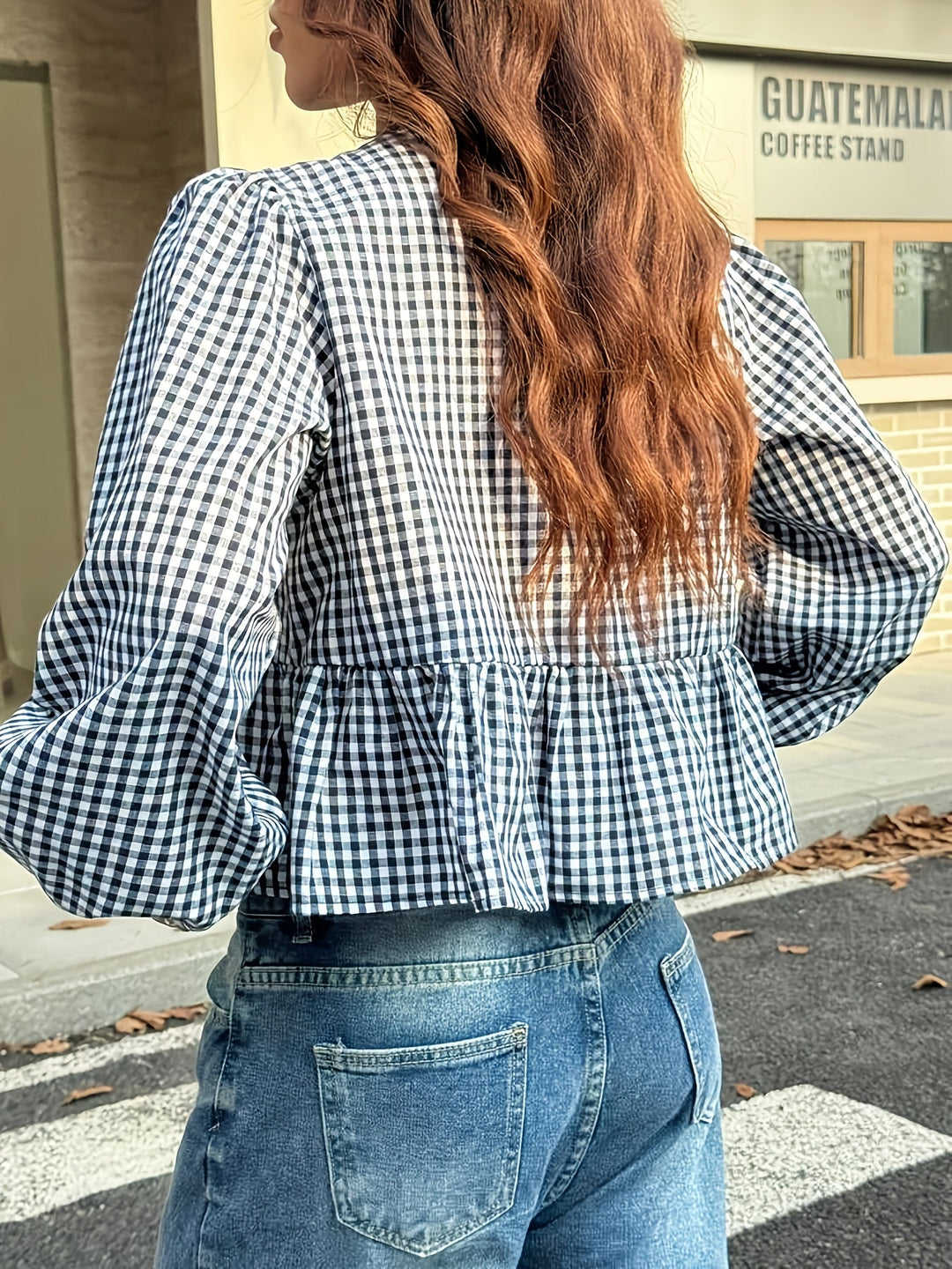 Plaid Bubble Women's Blouse Sustainable Must-Have Stylish & Comfortable Spring/Summer/Fall, view 3 - Elena Harper