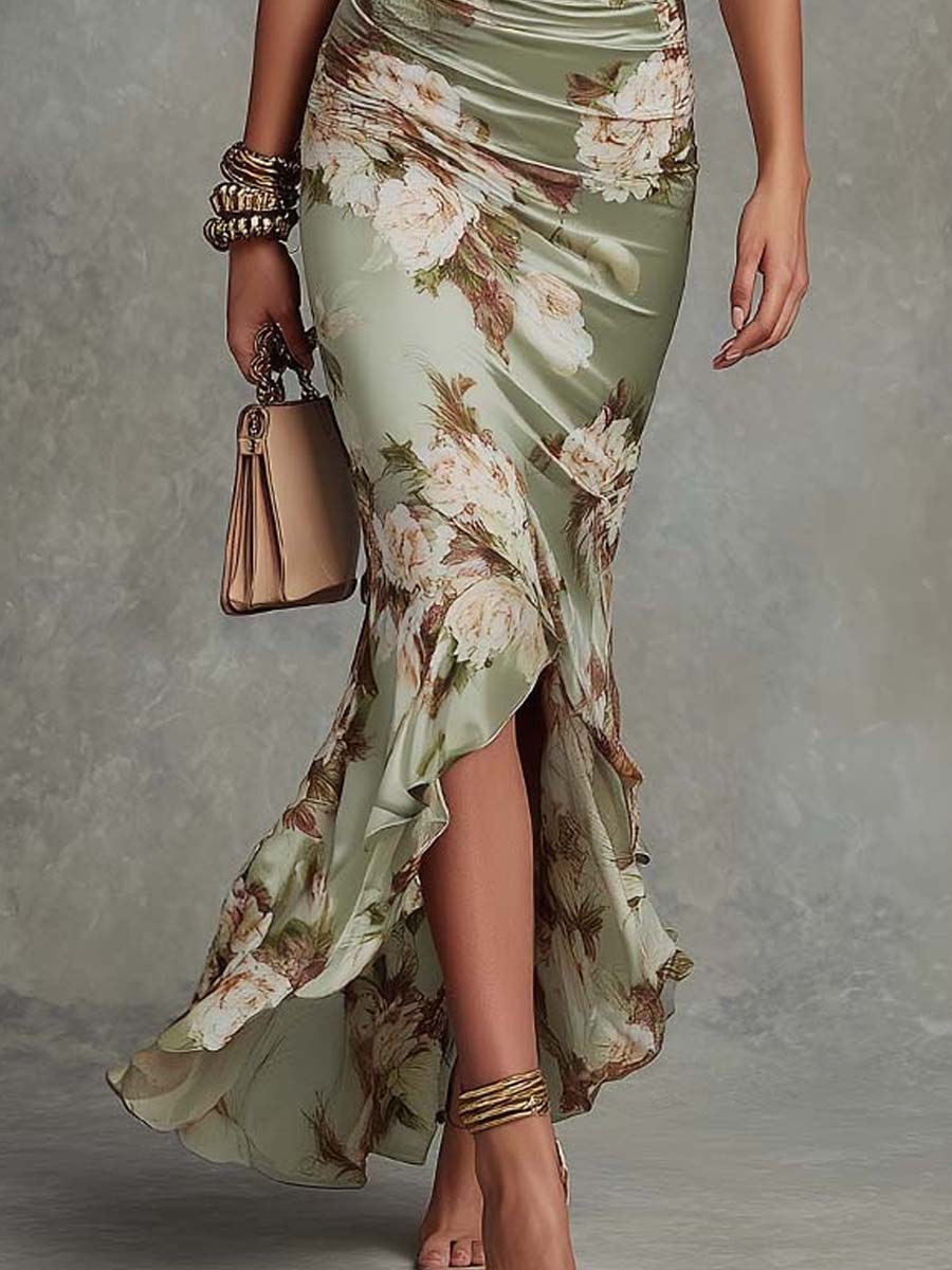 Retro Floral Ruched V-Neck Maxi Dress