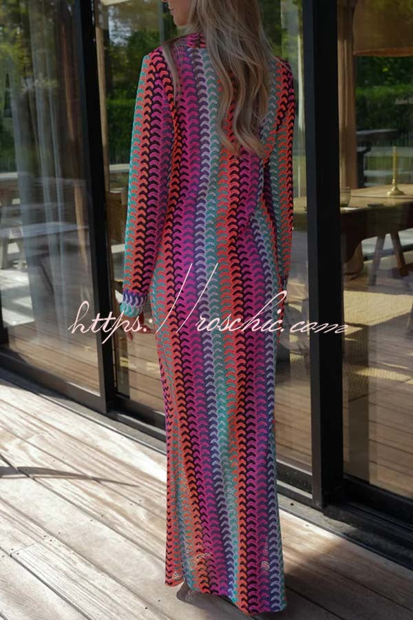 Eleanor Knit Colorful Wave Unique Print Shirt U-neck Long Sleeve Slit Maxi Dress