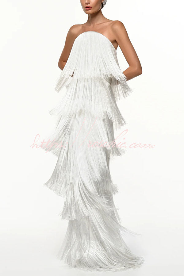 Party Queen Layered Tassel Design Off Shoulder Back Tie-up Maxi Dress (Shipped Within 24 Hours)
