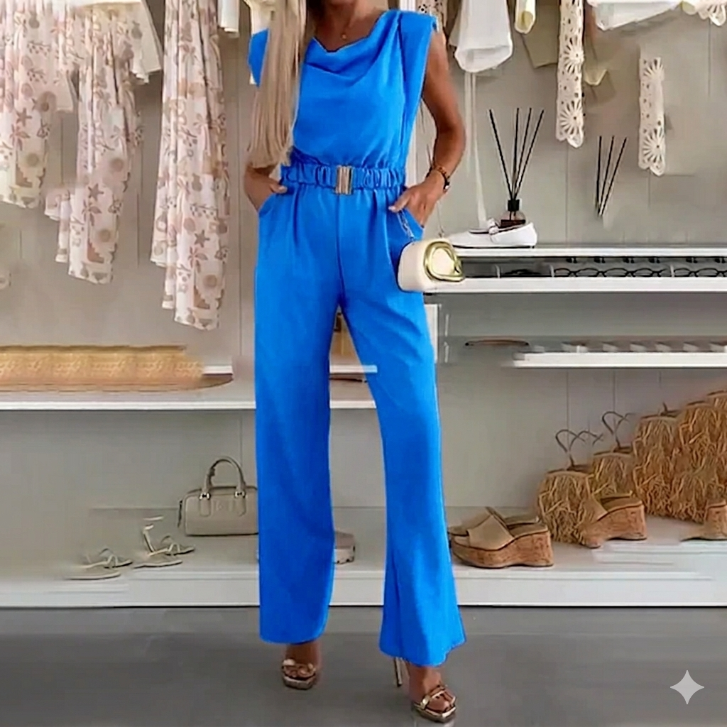 Sleeveless Women's Jumpsuit with Draped Neckline and Elastic Waist Elegant, view 5 - Elena Harper