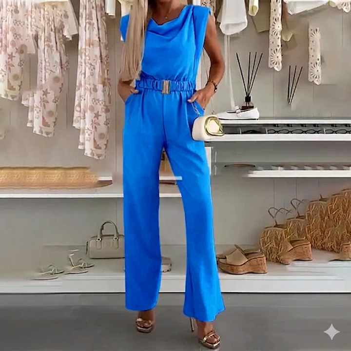 Sleeveless Women's Jumpsuit with Draped Neckline and Elastic Waist Elegant, view 5 - Elena Harper
