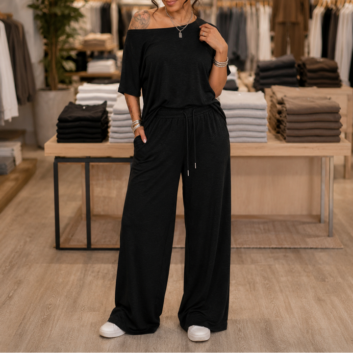 Draperline Off-Shoulder Asymmetrical Top And Wide-Leg Pants Set - Elena Harper