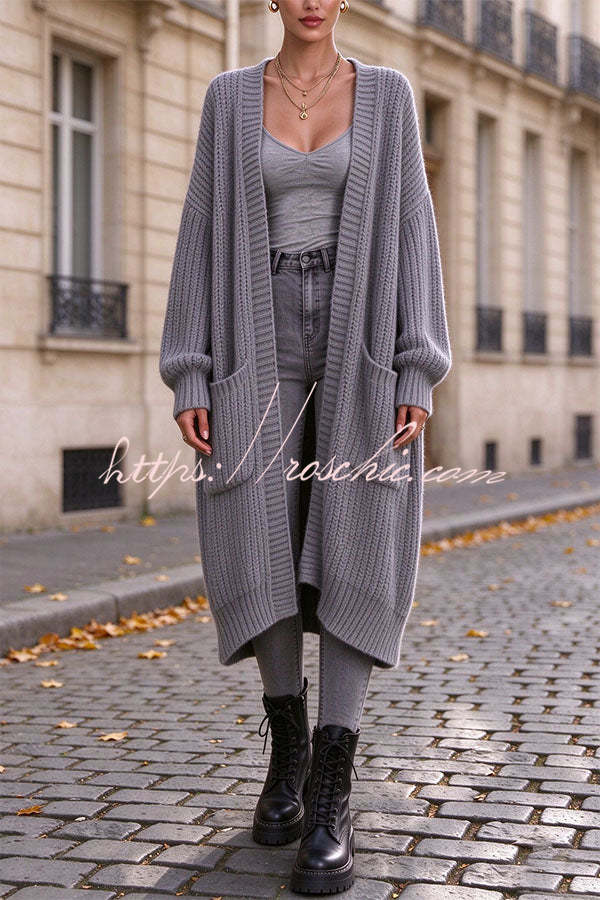 Trendy Thick Knit Open Front Long Sleeve Pocket Oversized Midi Cardigan