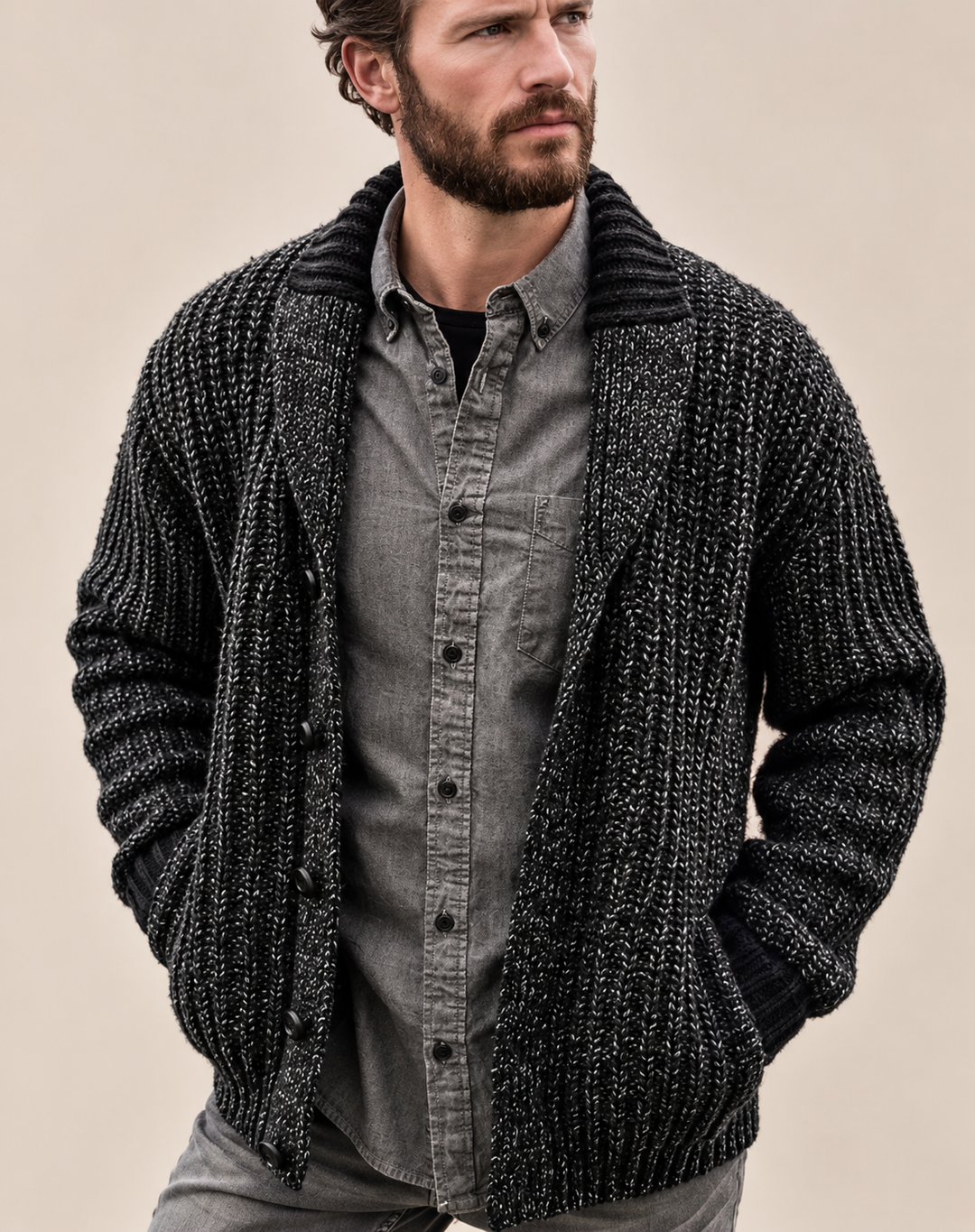 Men's Robust Knitted Cardigan with Shawl Collar and Buttons
