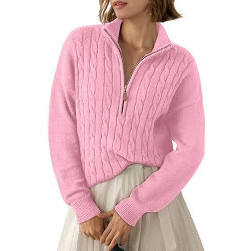 Women's Half-Zip Sweater with High Collar - Retro and Comfortable
