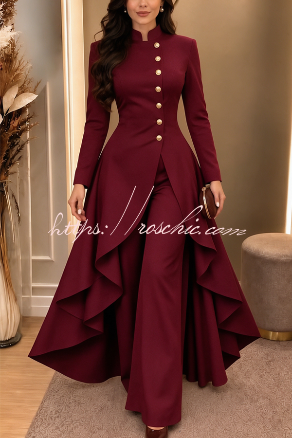 Jemma Stand Neck Long Sleeve Button High Low Hem Top and Wide Leg Pants Set (Shipped Within 24 Hours)