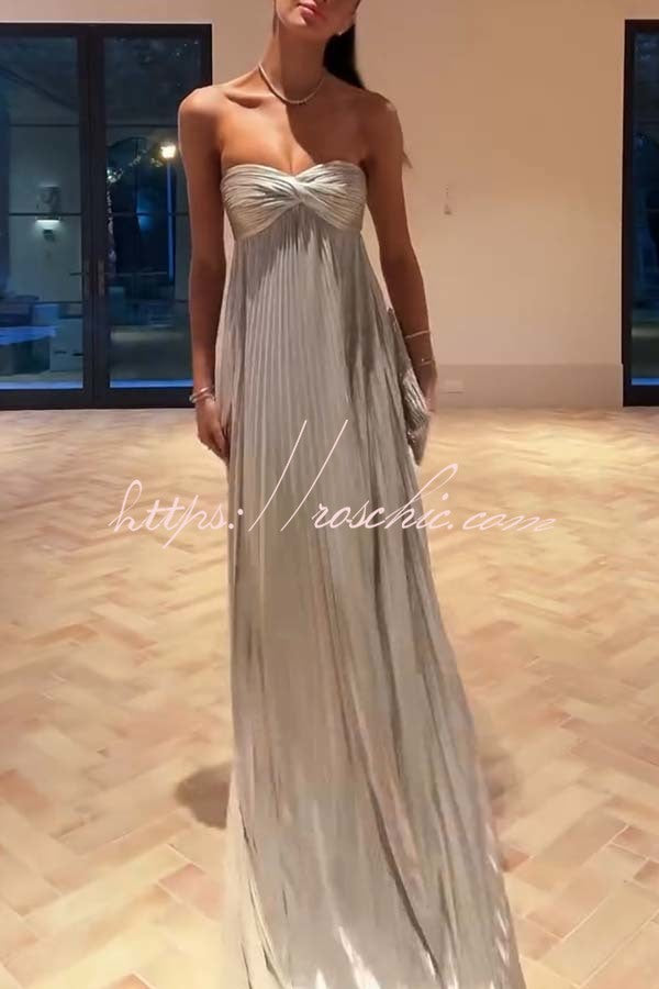 Night Elf Metallic Fabric Pleated Off Shoulder Twist Bust Slit Maxi Dress