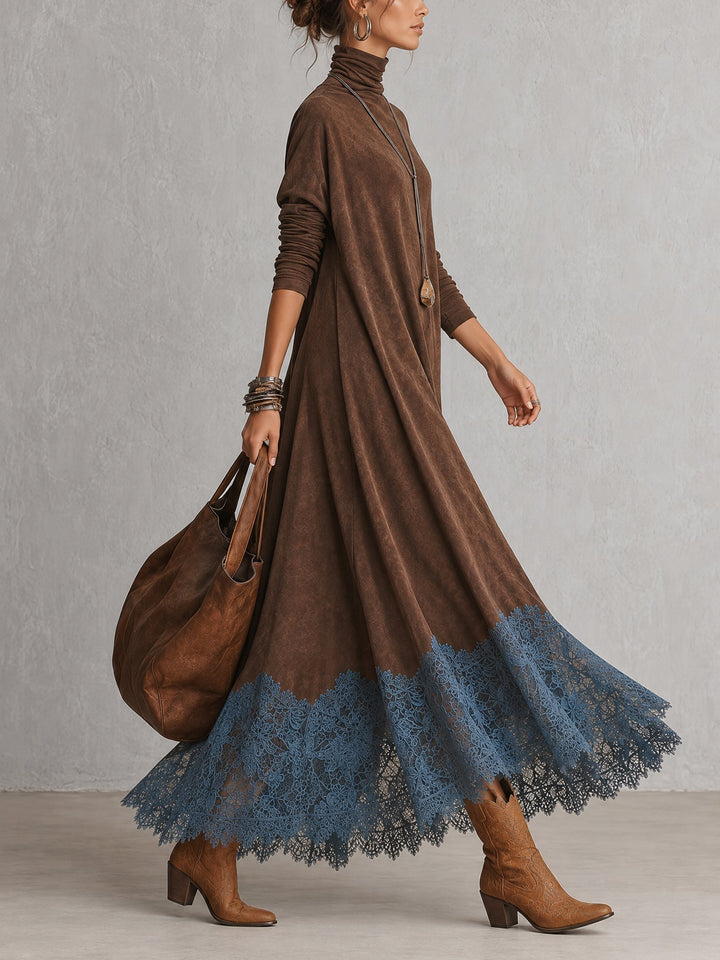 Long women's suede-effect dress with lace