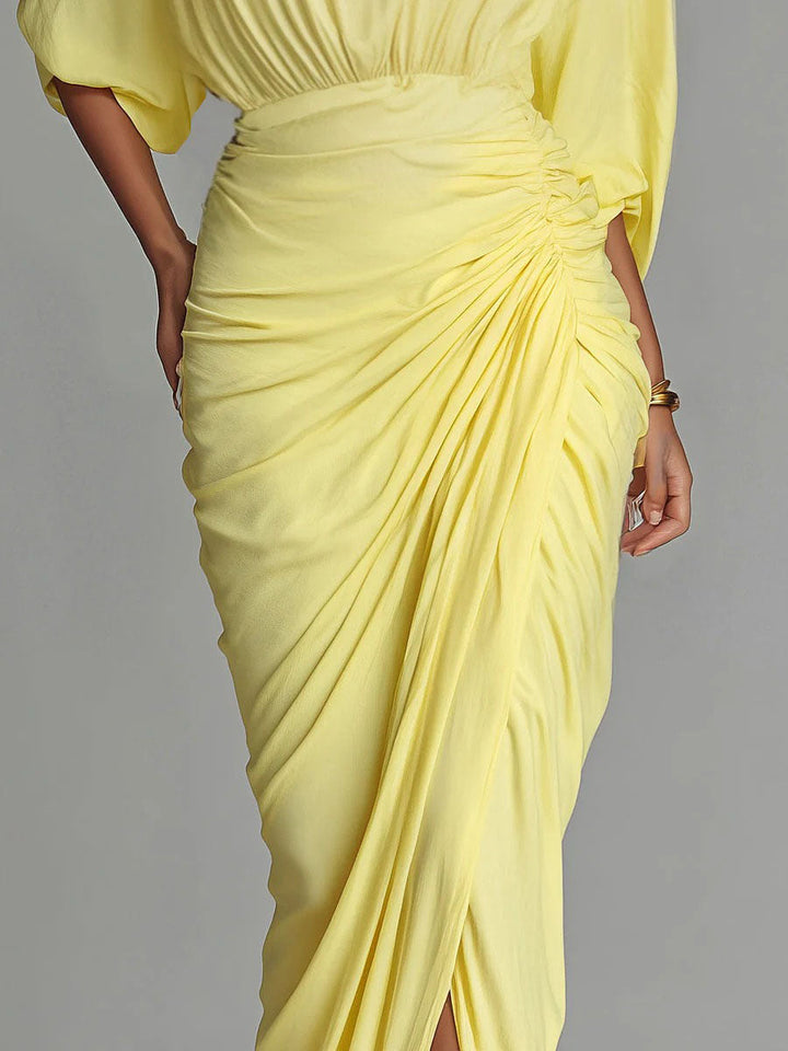 Elegant High-neck Half-sleeve Pleated Maxi Dress