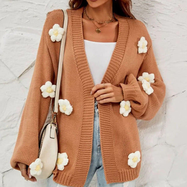 Casual Cardigan Decorated with 3D Flowers