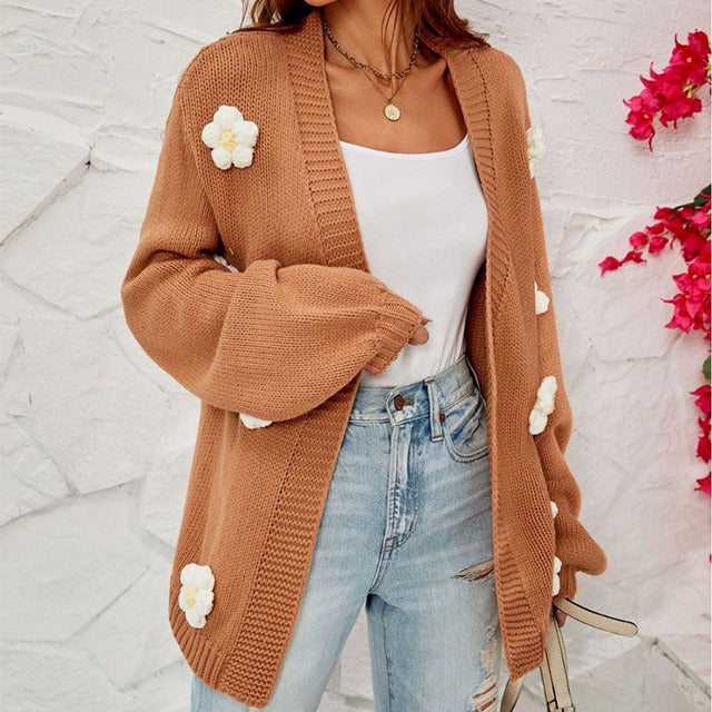 Casual Cardigan Decorated with 3D Flowers