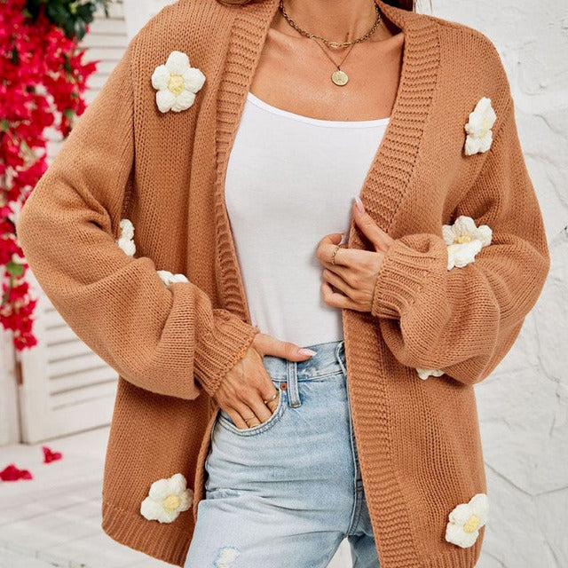 Casual Cardigan Decorated with 3D Flowers