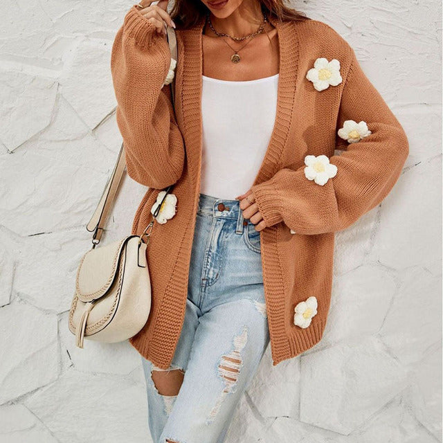 Casual Cardigan Decorated with 3D Flowers