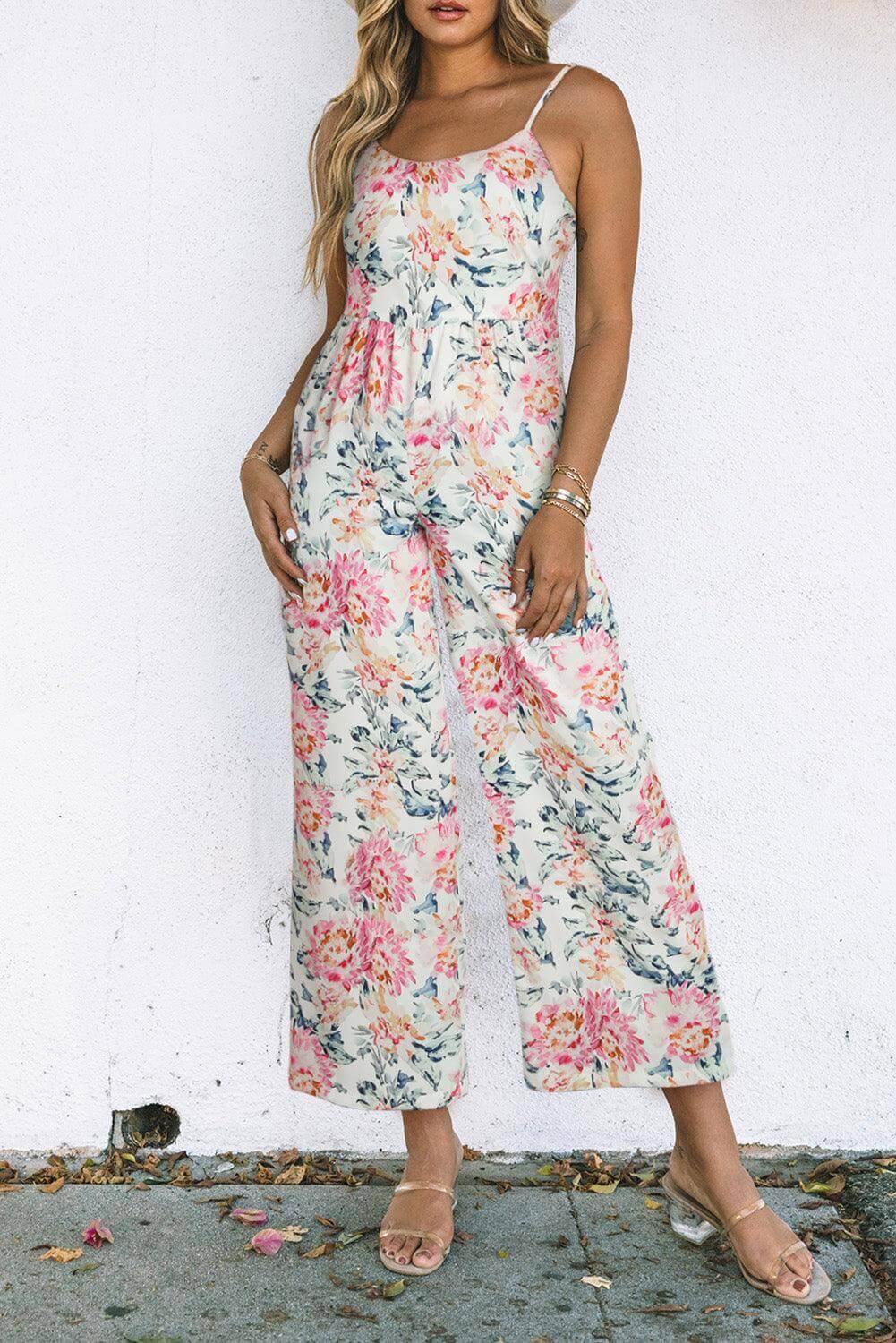 Pastel Peony Floral Jumpsuit In Orange, view 4 - Elena Harper