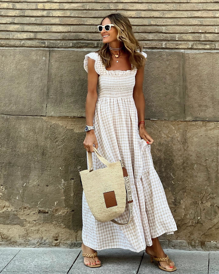 Gingham Maxi Dress for Women - Smocked - Tiered