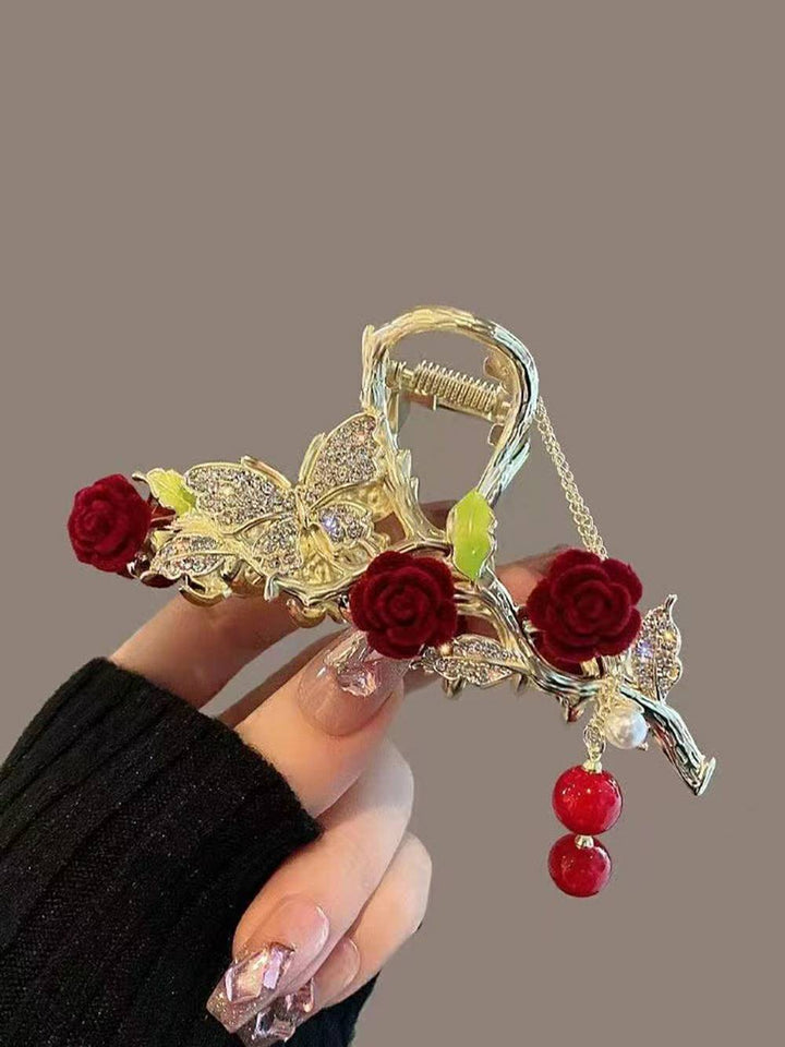 Red Rose Hair Clip with Tassel Shark Clip