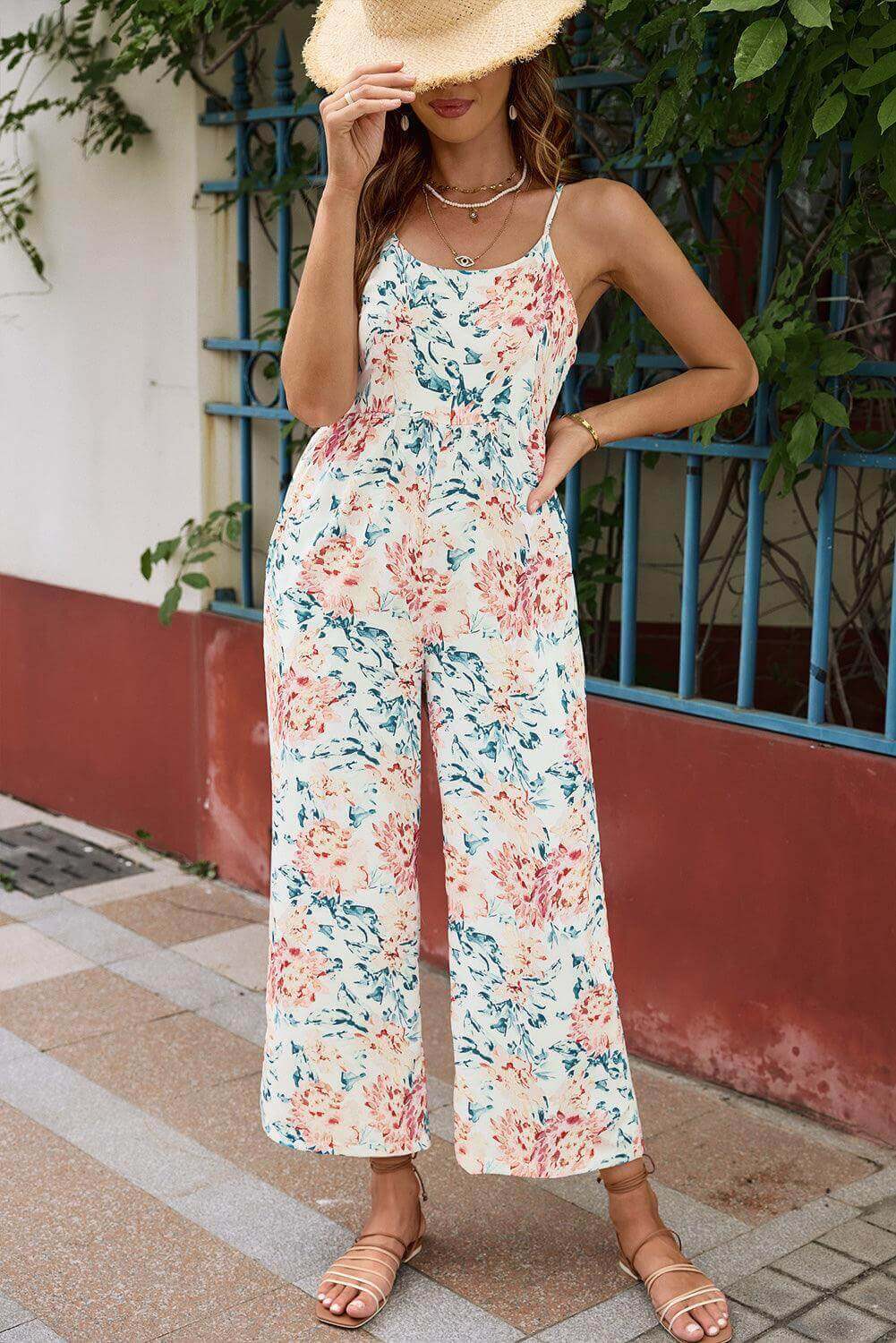 Pastel Peony Floral Jumpsuit In Orange, view 2 - Elena Harper