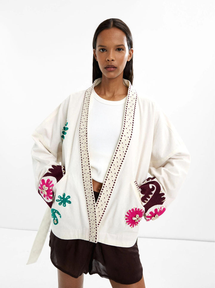 Embroidered Open-Front Coat