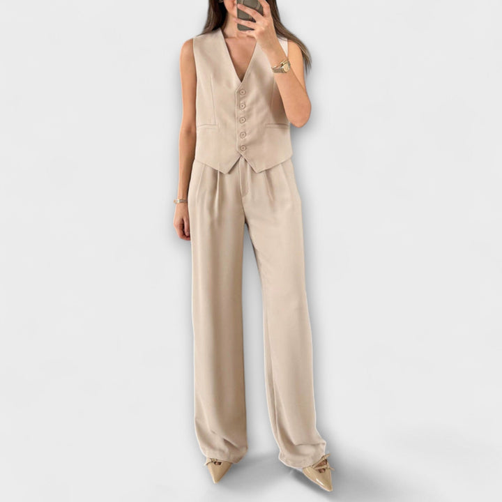 Hazel - Stylish Solid Color V-Neck Vest and Pants Two-Piece Set