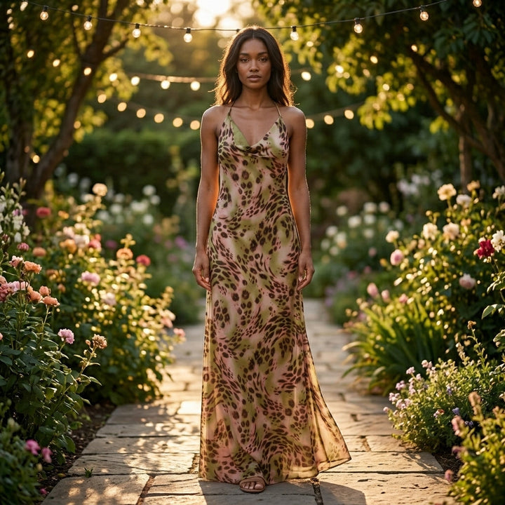 Animal Print Halter Maxi Dress Evening Occasion Outfit