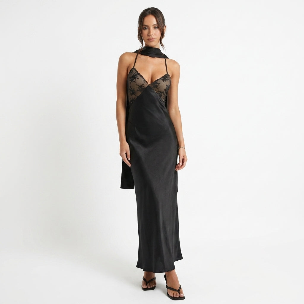 Black Cowl-Neck Wedding Guest Evening Dress