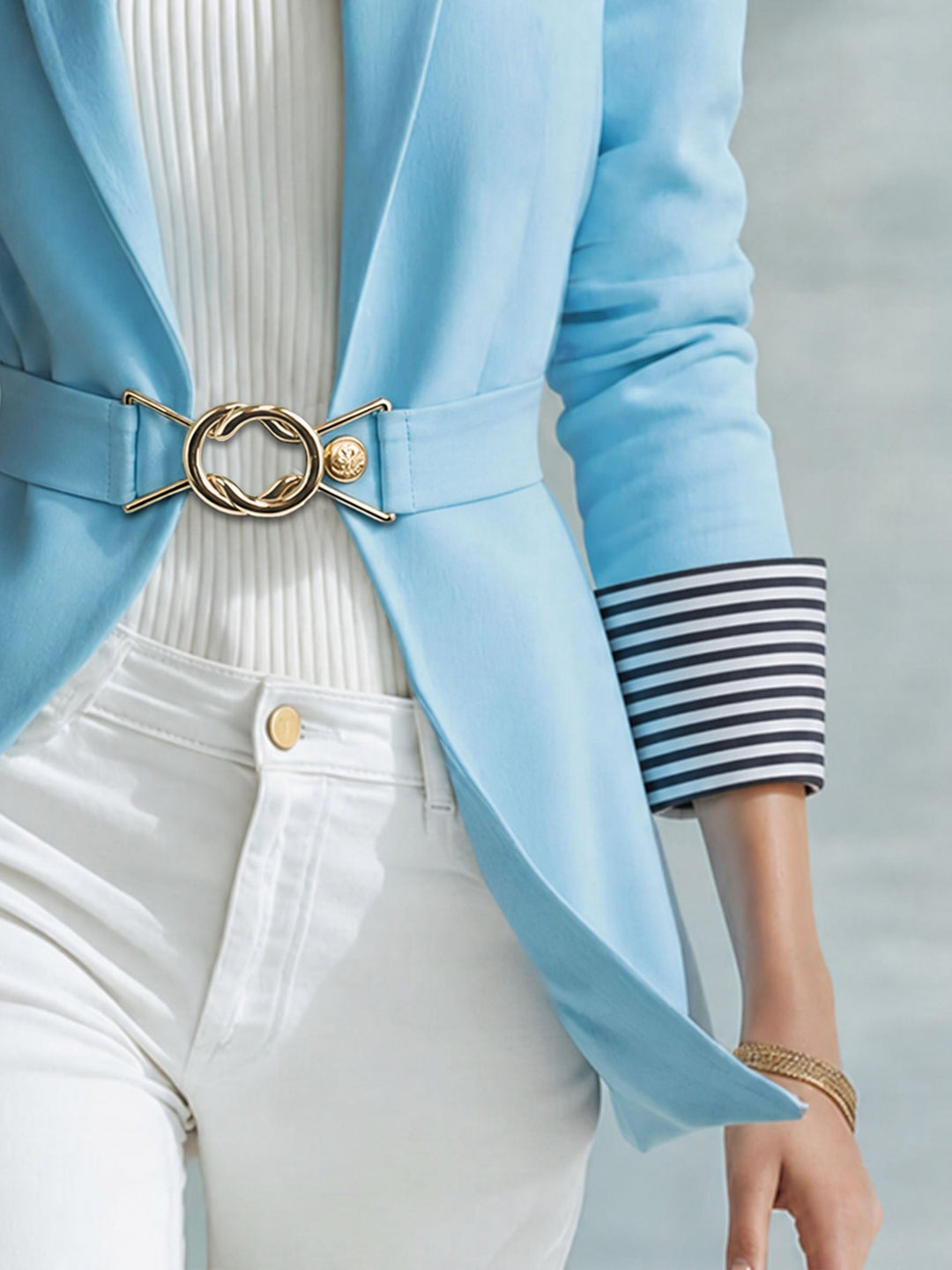 Simple And Elegant Striped Long-sleeved Blue Belted Blazer