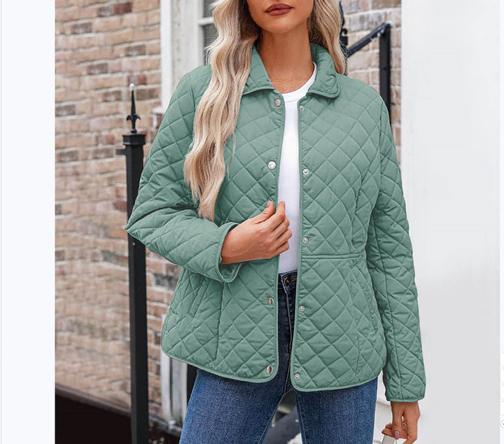 Women's Solid Quilted Jacket – Casual Style with Warm Notched Collar
