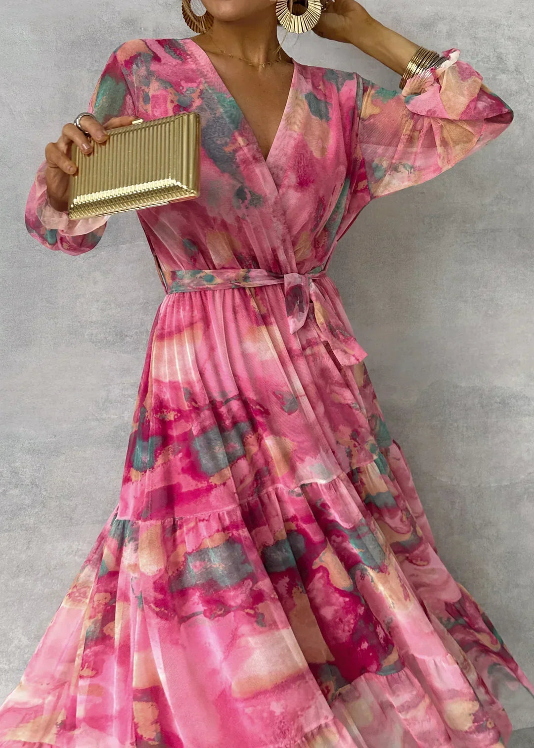 Susanne | Women's Flowing, Pleated Maxi Dress with Belt and Floral Pattern