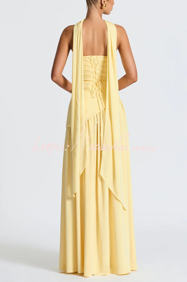 Elegant Off Shopulder Chiffon Pleated Hem Scarf Slit Maxi Dress