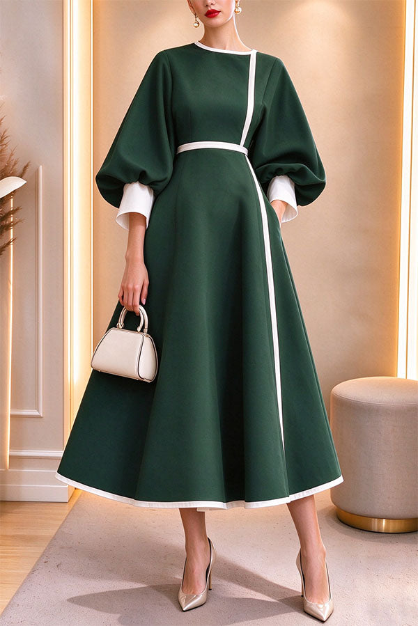 Elegant Color-block Lantern Sleeve Cinched Waist Pocketed Mid Dress