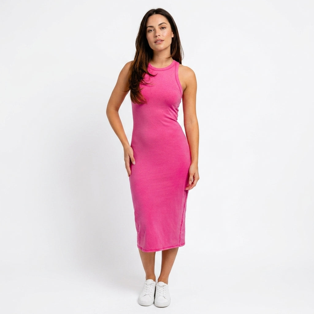 Pink Crew Neck Midi Dress