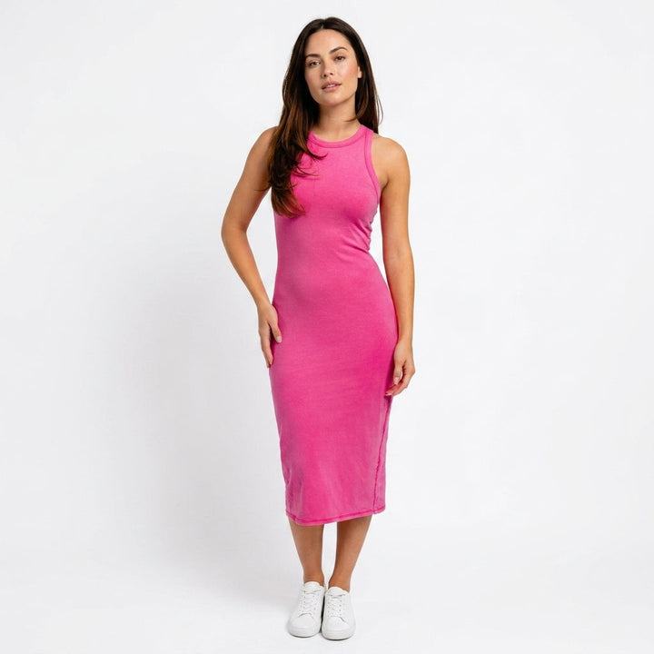 Pink Crew Neck Midi Dress