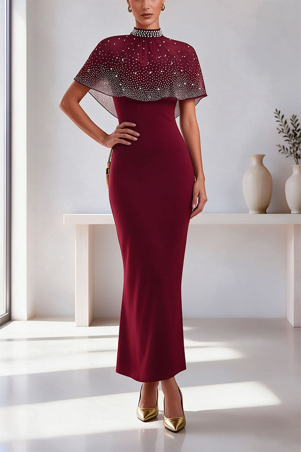 Grace Lady Sheer Pearl Details High-neck Cape Maxi Dress